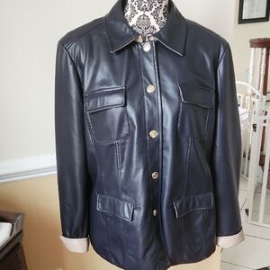 Chico's Dark Leather Jacket with Gold Accents